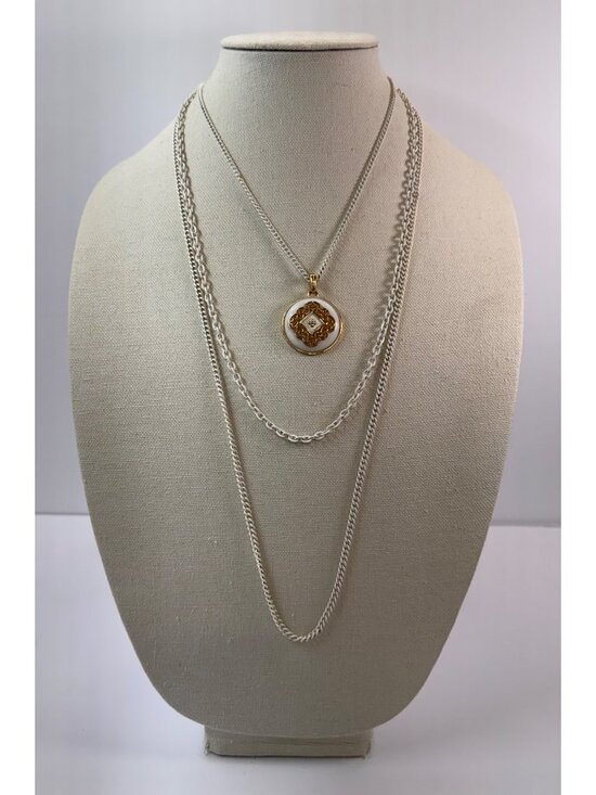 Unsigned Jewelry - Vintage White Enamel Gold Pendant Necklace Multi Strand Chain Layered